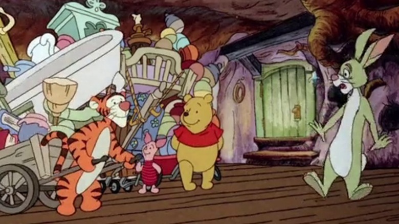 Rabbit jumping up in shock at a pile of objects brought by Tigger, Piglet, and Pooh on The New Adventures of Winnie the Pooh S3E6