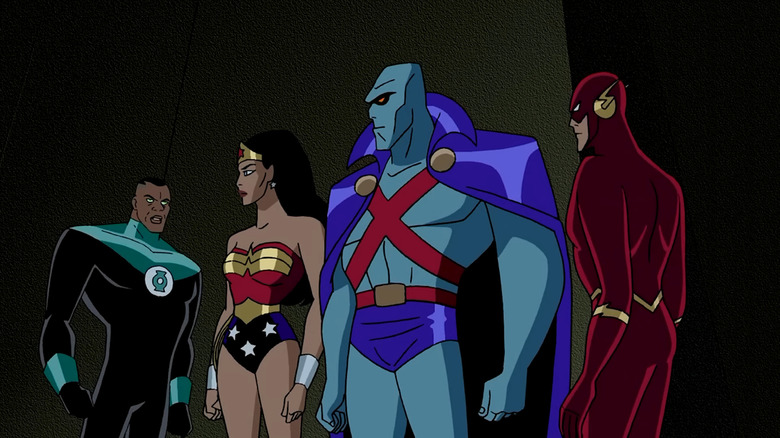 Phil LaMarr's Green Lantern speaking to Susan Eisenberg's Wonder Woman, Carl Lumbly's J'onn J'onzz, and Michael Rosenbaum's Flash in Justice League