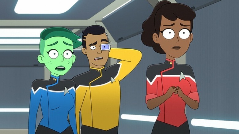D'Vana Tendi (Noël Wells), Sam Rutherford (Eugene Cordero), and Beckett Mariner (Tawny Newsome) react in shock in Star Trek: Lower Decks