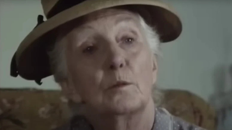 Joan Hickson's Miss Jane Marple looking stern on Miss Marple
