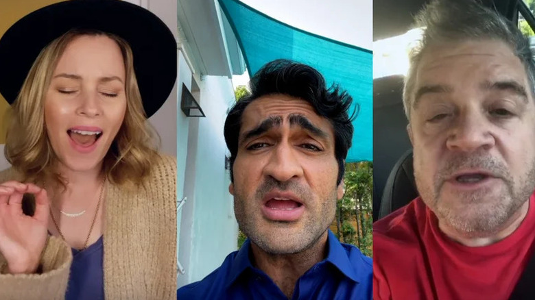 Elizabeth Banks, Kumail Nanjiani, and Patton Oswalt sing into their phone cameras in The Boys