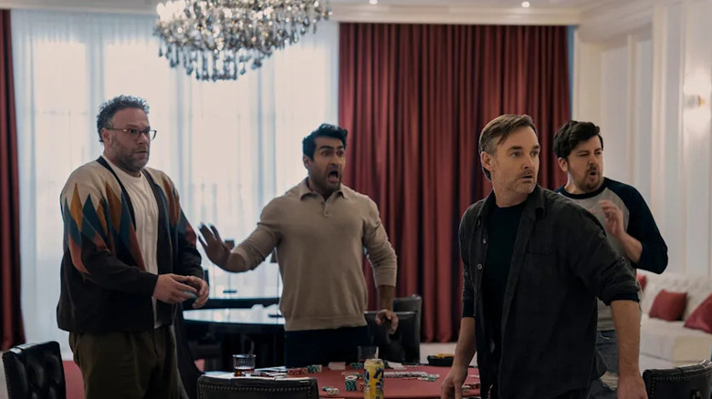 Seth Rogen, Kumail Nanjiani, Will Forte, and Christopher Mintz-Platz stand up in shock in The Boys
