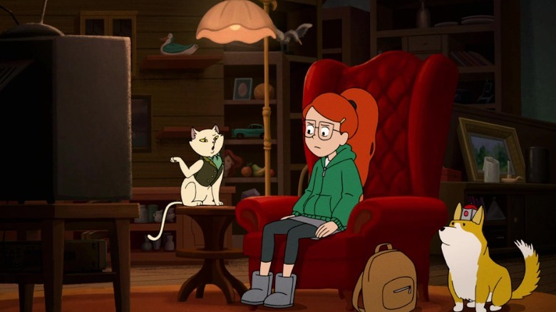The Cat showing a video tape to Tulip and Atticus on Infinity Train S1E5