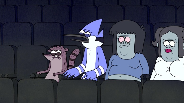 Rigby, Mordecai, Muscle Man, and Starla watching a movie in a theater on Regular Show S4E12