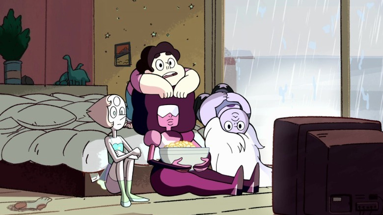 Steven, Pearl, Garnet, and Amethyst watching TV on Steven Universe S1E16