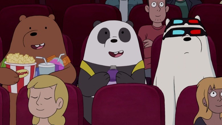 Grizzly, Panda, and Ice Bear watching a movie in a theater on We Bare Bears S1E11