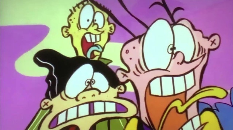 Edd (Samuel Vincent), Ed (Matt Hill), and Eddy (Tony Sampson) react in shock in Ed, Edd n Eddy