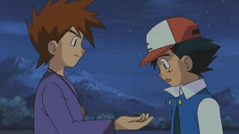 Gary offering Ash a Poke Ball at night in the Pokemon anime