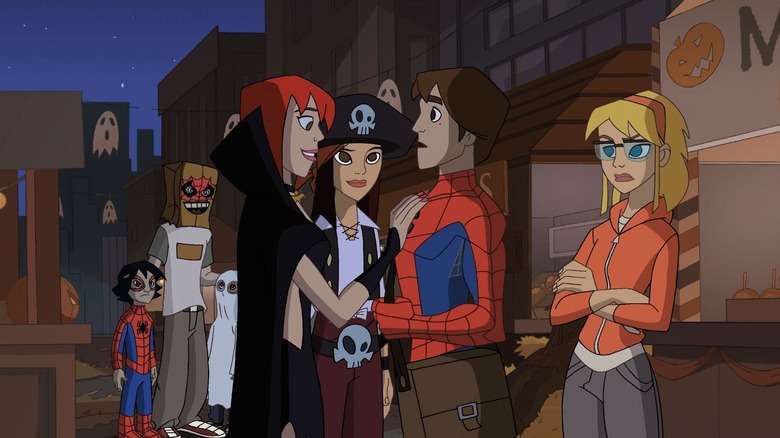 Peter Parker wears a spider-man costume around his friends on The Spectacular Spider-Man.