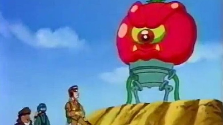 Soldiers fight an evil tomato in Attack of the Killer Tomatoes