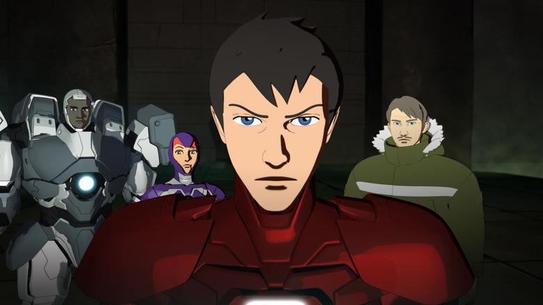 Ton Stark stands with Rhodey, Pepper, and Howard in Iron Man: Armored Adventures