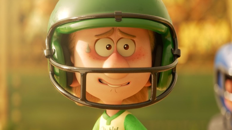 Laurie sweating in a baseball helmet in Win or Lose