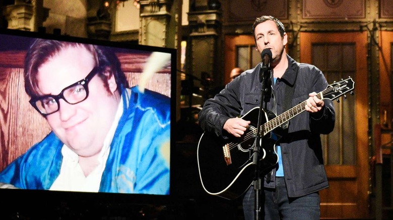 Adam Sandler playing guitar on SNL next to a photo of Chris Farley