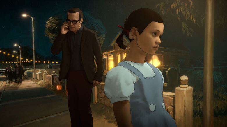 Bob Odenkirk's Jacob Winograd on the phone while Luna-Marie Katich's young Alma Winograd-Diaz looks thoughtful on Undone