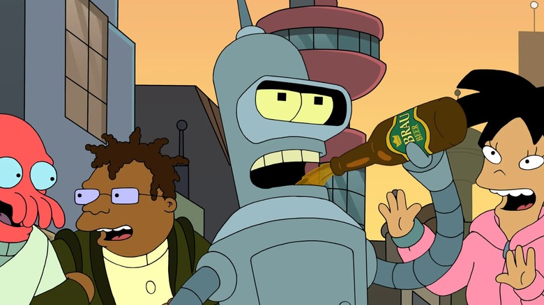 Doctor Zoidberg, Hermes Conrad, Bender, and Amy Wong look in different directions in "Futurama."