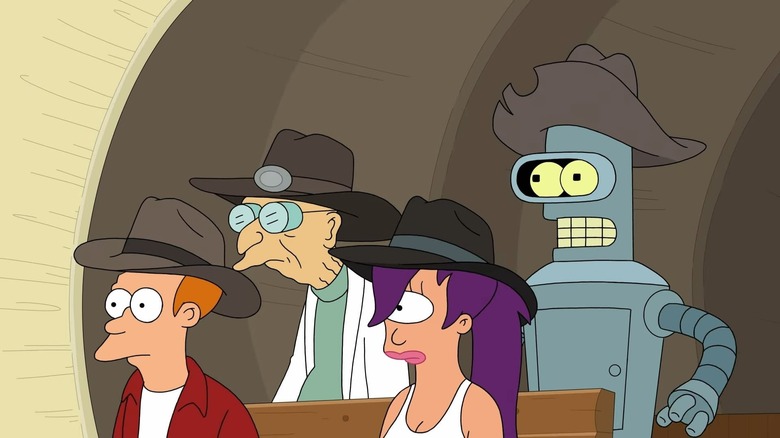 Fry, Farnsworth, Leela, and Bender in cowboy hats