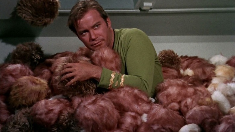 A bemused Jim Kirk (William Shatner) is covered by tribbles in Star Trek: The Original Series