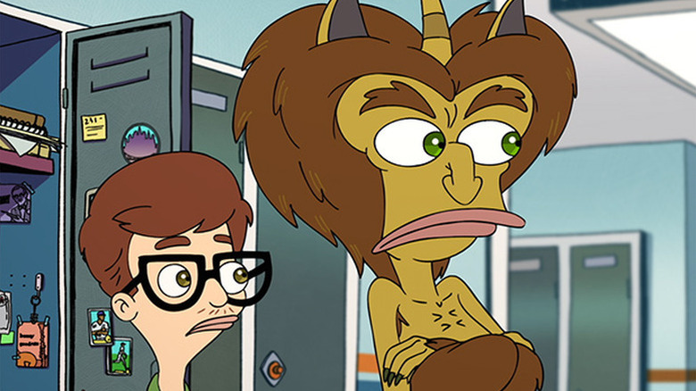 Andrew standing in front of locker next to hormone monster in Big Mouth
