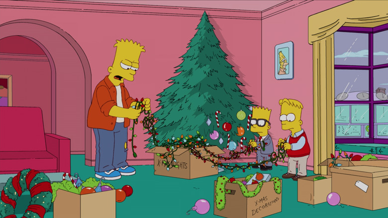 Adult Bart decorates a Christmas tree with his kids in "The Simpsons."