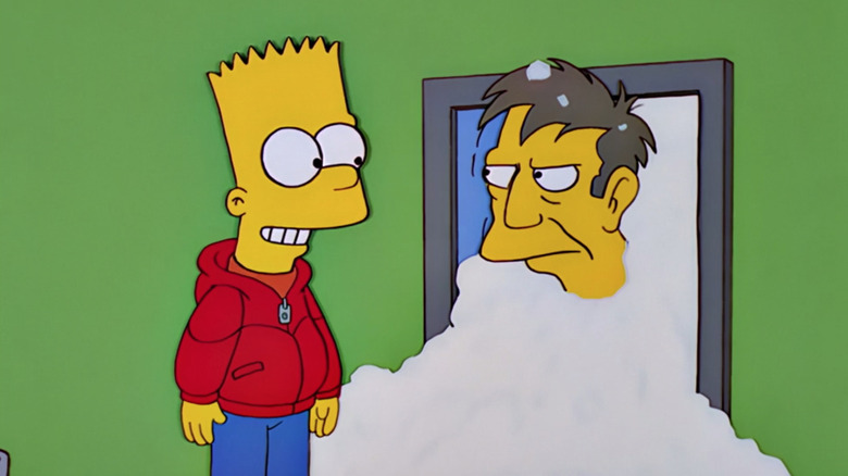 Bart talks to Skinner stuck in snow in "The Simpsons."