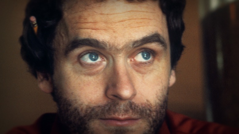 A closeup of Ted Bundy looking up, from Conversations with a Killer: The Ted Bundy Tapes