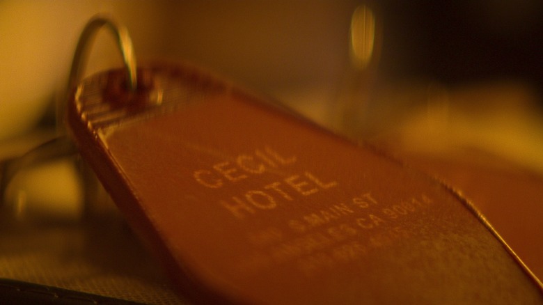 A closeup of a keychain that says Cecil Hotel, from Crime Scene: The Vanishing at the Cecil Hotel