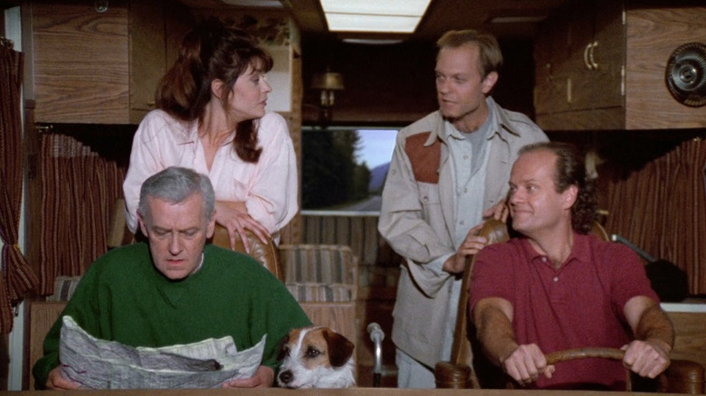John Mahoney as Martin, Kelsey Grammer as Frasier, Jane Levees as Daphne, and David Hyde Pierce as Niles riding in an RV in Frasier