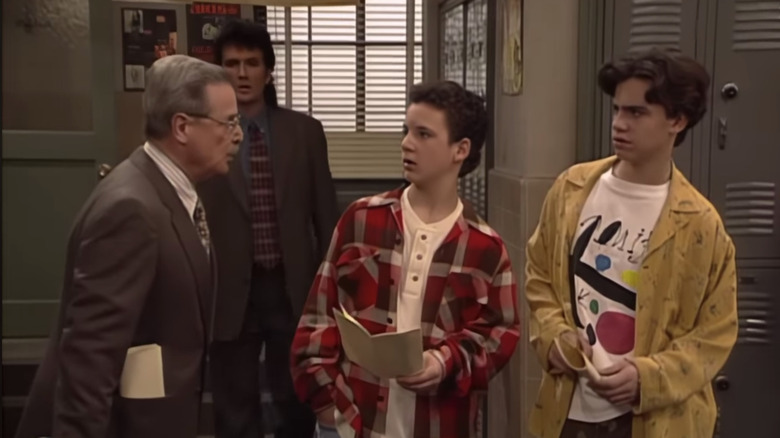 Ben Savage as Cory and Rider Strong as Shawn are scared by William Daniels as Mr. Feeny in Boy Meets World