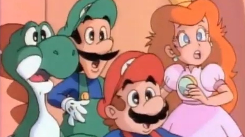 Yoshi, Luigi, Mario, and Princess Toadstool looking scared in Super Mario World