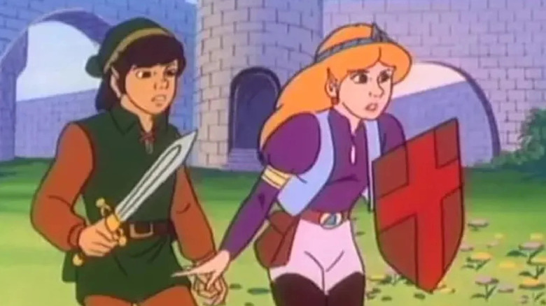 Link holding a sword next to Zelda holding a cross shield in The Legend of Zelda
