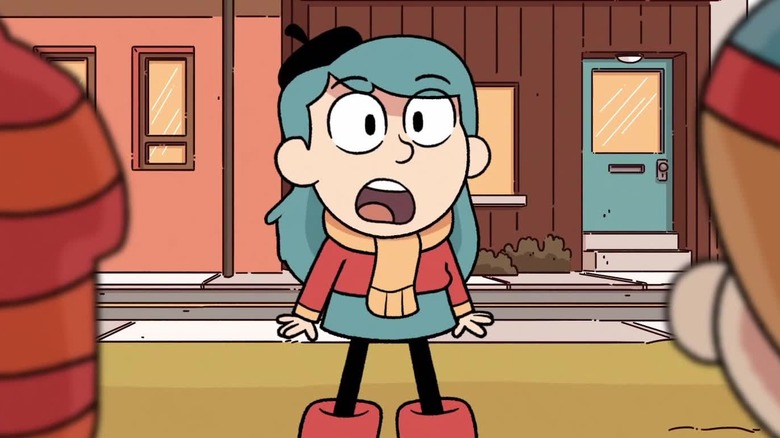 Hilda looking surprised at two people in "Hilda"