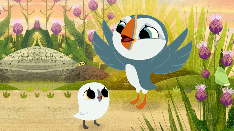 Oona holding out her wings for Baba in "Puffin Rock"