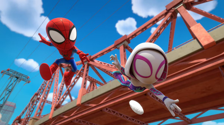 Spidey-Man jumping off a bridge with Spider-Gwen in Spidey and His Amazing Friends