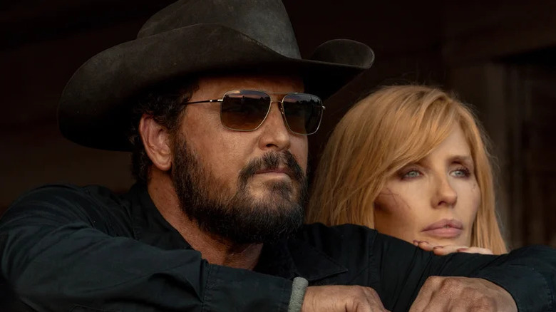 Cole Hauser's Rip Wheeler and Kelly Reilly's Beth Dutton looking serious on Dutton Ranch