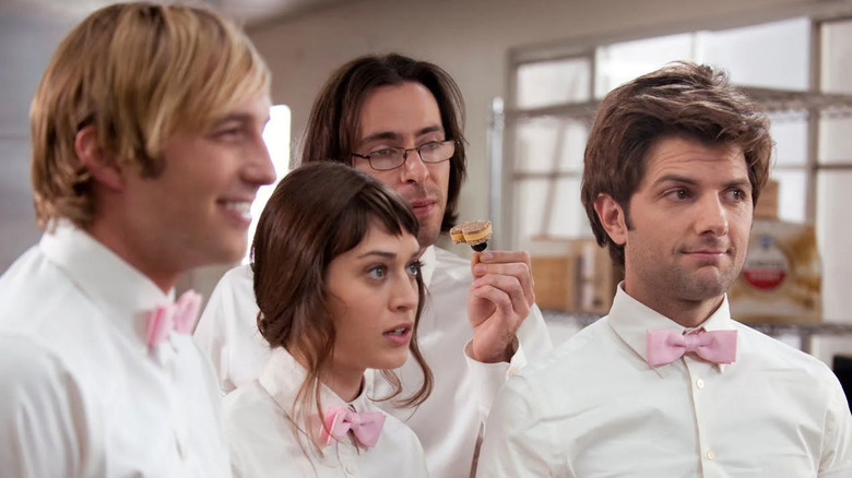 Ryan Hansen as Kyle, Lizzy Caplan as Casey, Martin Starr as Roman, and Adam Scott as Henry in Party Down