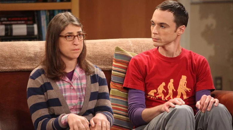 Sheldon Cooper staring accusingly at Amy Farrah Fowler, both seated