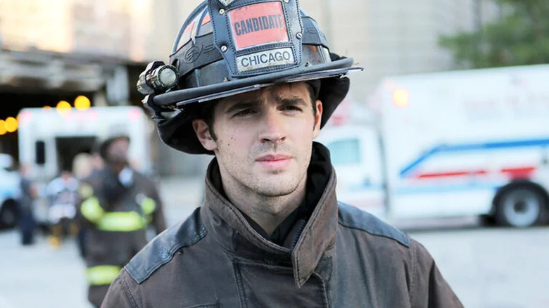 Jimmy Borrelli (Steven R. McQueen) stands in his firefighter uniform in Chicago Fire