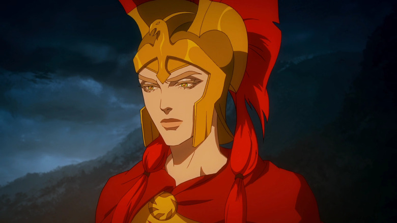 Alexia wearing a helmet and looking down in Blood of Zeus