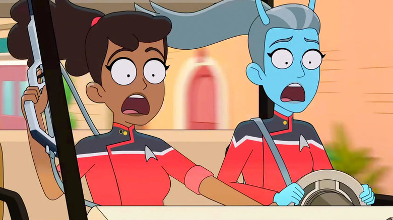 Beckett Mariner (Tawny Newsome) and Jennifer Sh'reyan (Lauren Lapkus) scream while riding a golf cart in Star Trek: Lower Decks