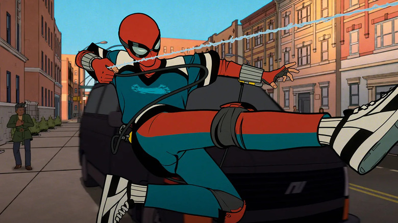 Spider-Man in a makeshift suit swinging in front of a car in Your Friendly Neighborhood Spider-Man