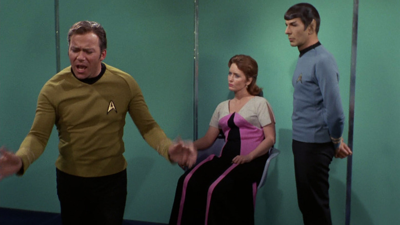 Possessed by an angry ex, William Shatner's Kirk goes full Shatner in front of Leonard Nimoy's Spock and Sandra Smith's Janice Lester, on the original Star Trek
