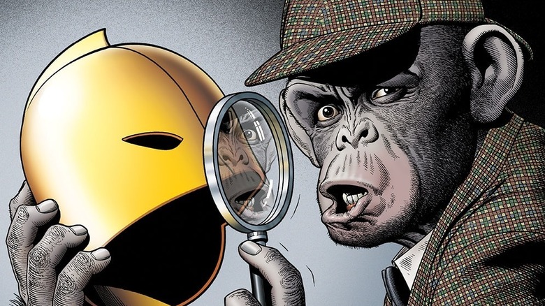 Detective Chimp investigating Doctor Fate's helmet in The Detective Chimp Casebook