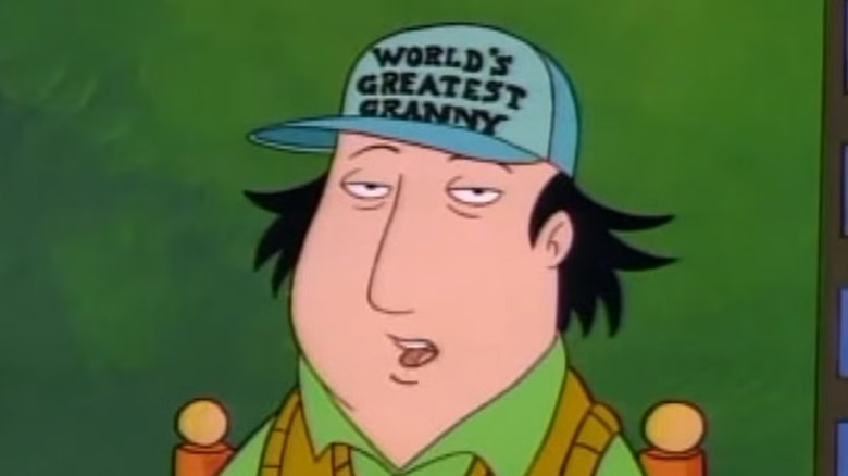 Jay Sherman (Jon Lovitz) speaks nonplussed while wearing a baseball cap that reads World's Greatest Granny in The Critic