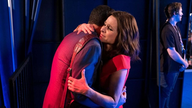 Julia Louis-Dreyfus as Selina Meyer and Tony Hale as Gary Walsh, embracing in Veep.