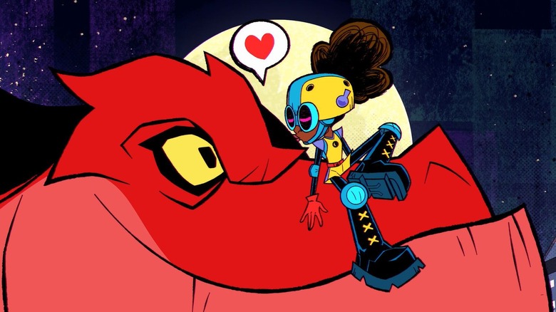 Moon Girl kissing Devil Dinosaur on "Moon Girl and Devil Dinosaur."