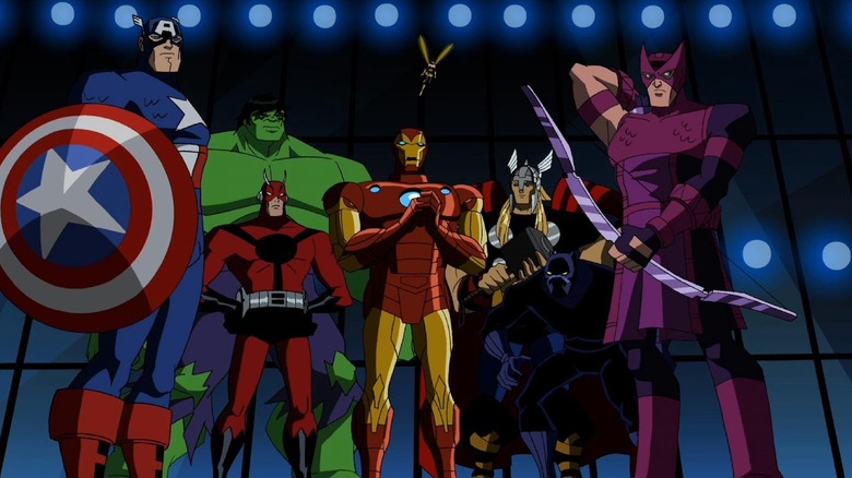Captain America, Hulk, Ant-Man, Iron Man, Wasp, Thor, and Hawkeye on "The Avengers: Earth's Mightiest Heroes."