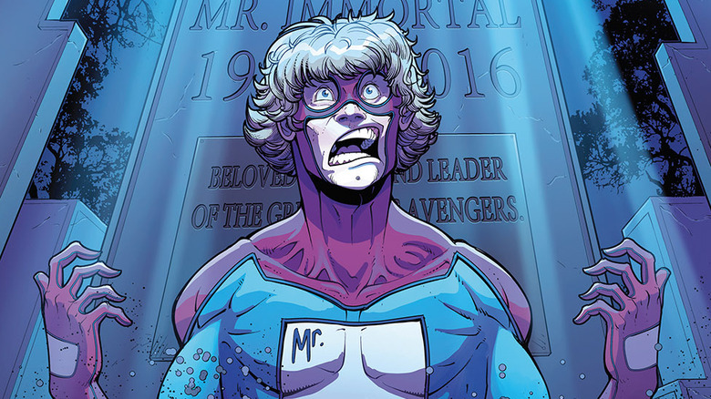 Mr. Immortal emerges from a grave.