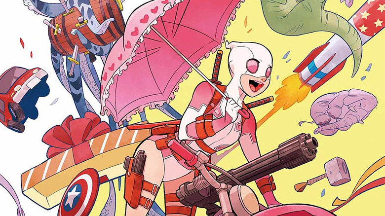 Gwenpool bikes through comic book chaos.