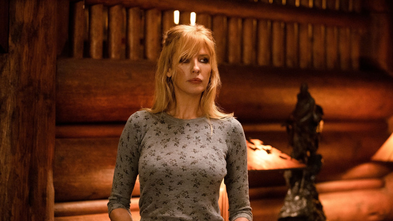 Kelly Reilly's Beth Dutton looking serious and thoughtful on Yellowstone