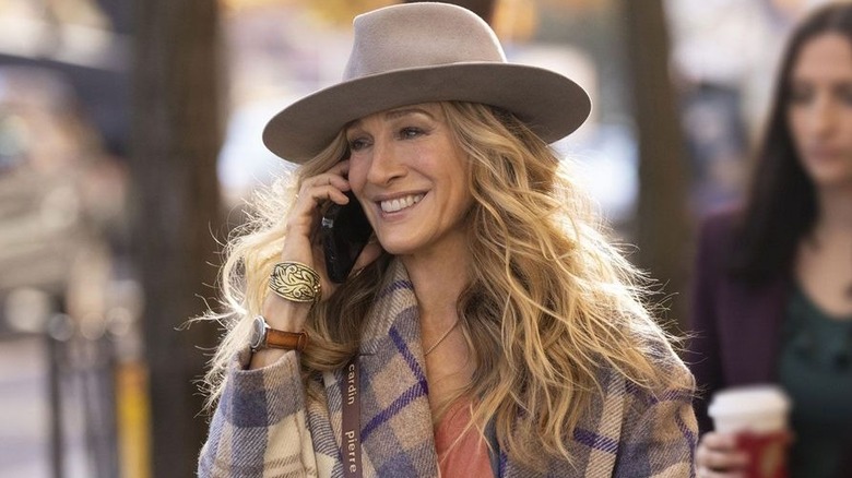 Sarah Jessica Parker as Carrie Bradshaw on the phone in And Just Like That